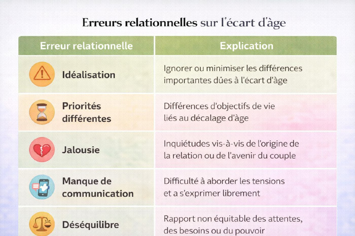 Récapitulation des cas de rencontres avec une différence d'âge.