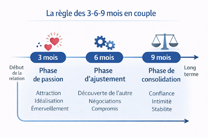 Illustration de la règle des 3-6-9 mois en couple.